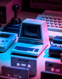 A vintage personal computer arranged on a desk in a nostalgic setting with soft lighting